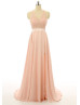 Peach Lace Chiffon Halter Neckline Keyhole Back Long Prom Dress